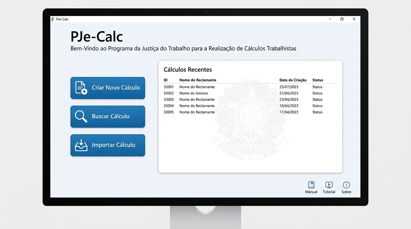 Interface do programa oficial PJe-Calc da Justiça do Trabalho para realização de cálculos trabalhistas e liquidação